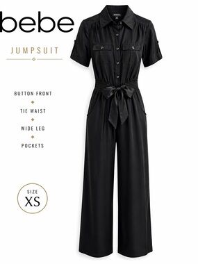 Bebe Black Jumpsuit XS Button Satin Front Tie Waist Wide Leg Romper Pants